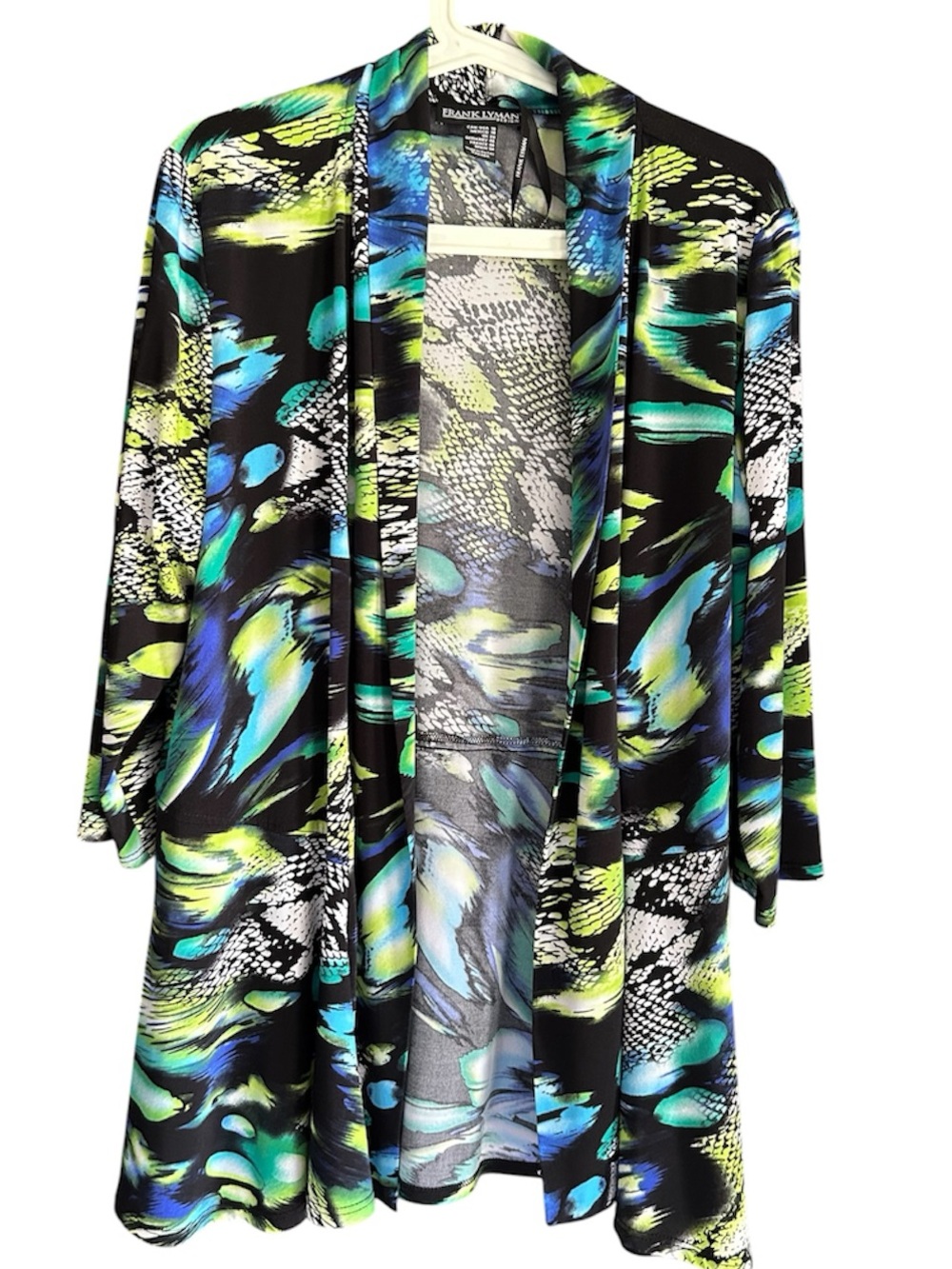 Frank Lyman Design Abstract Open Front Cardigan in Black, Blue & Lime